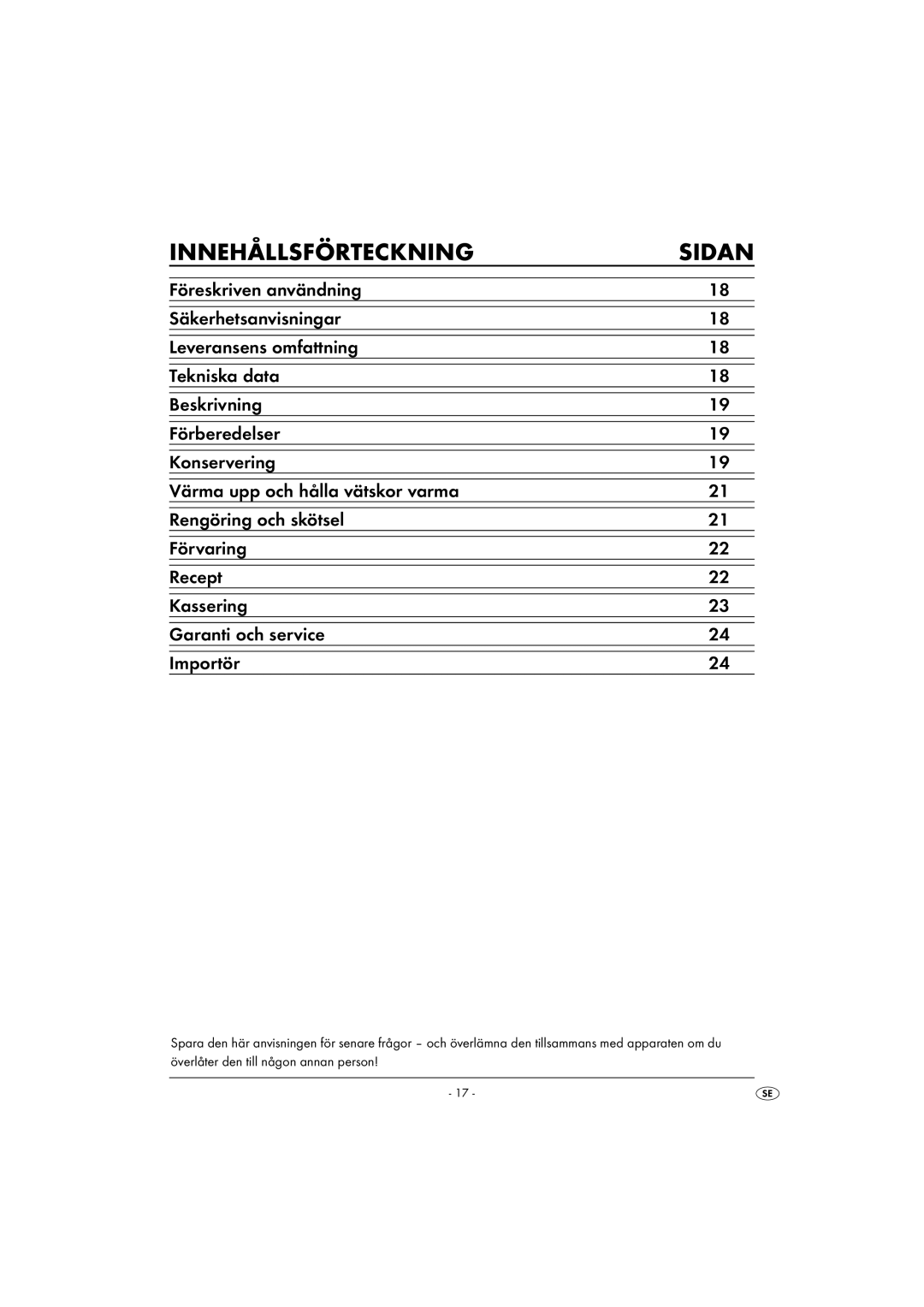 Kompernass KH1135-01/08-V2 operating instructions Innehållsförteckning Sidan 