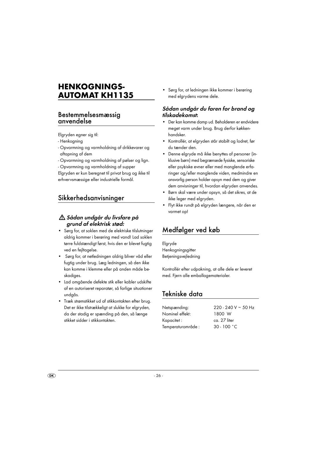 Kompernass KH1135-01/08-V2 HENKOGNINGS- Automat KH1135, Sikkerhedsanvisninger, Medfølger ved køb, Tekniske data 