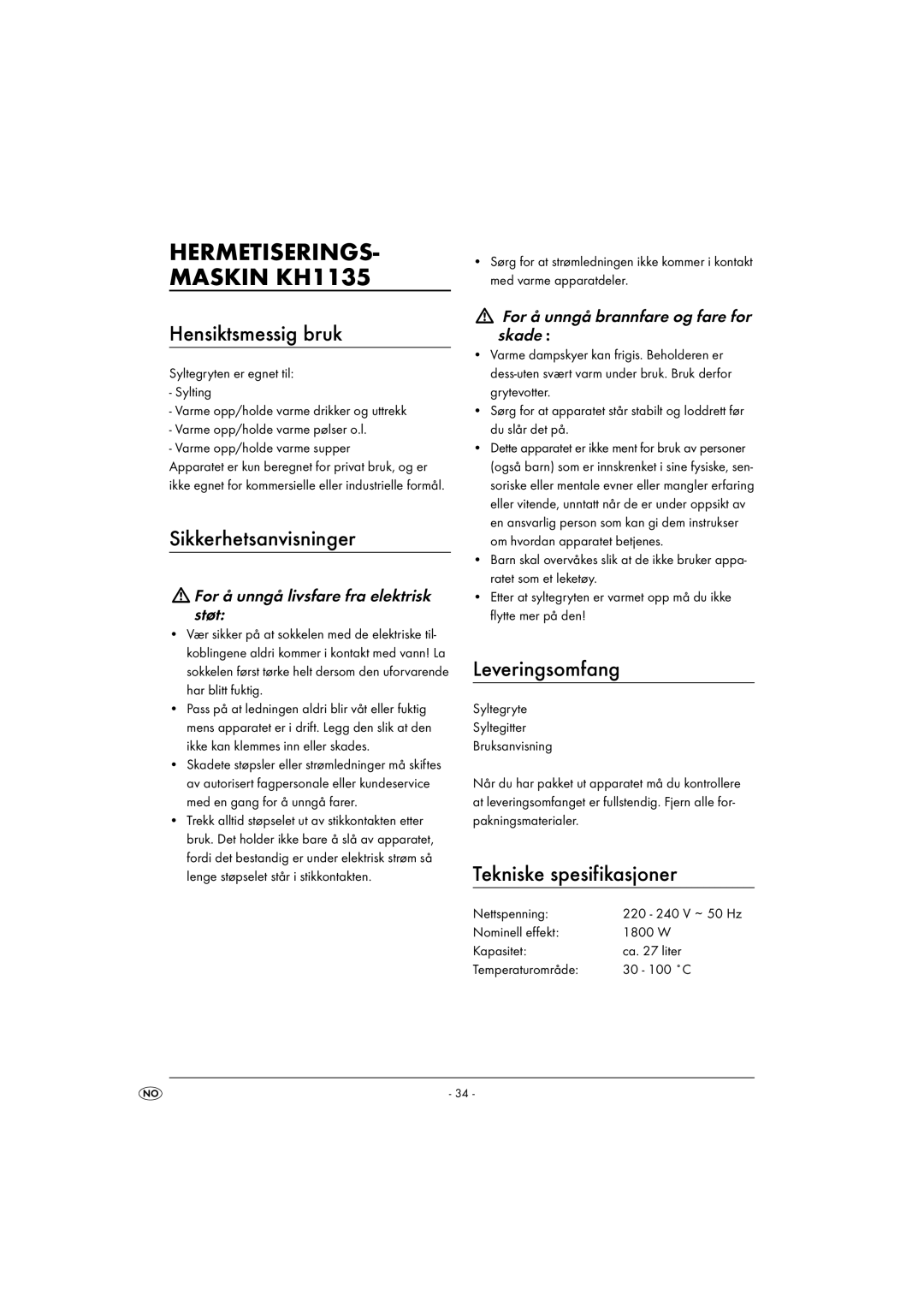 Kompernass KH1135-01/08-V2 Hensiktsmessig bruk, Sikkerhetsanvisninger, Leveringsomfang, Tekniske spesifikasjoner 