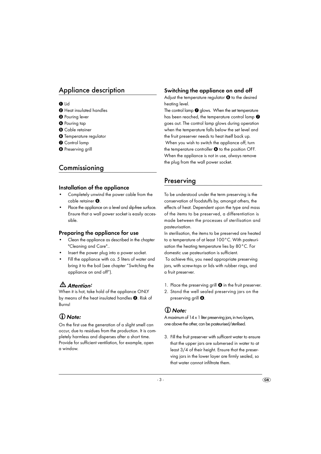 Kompernass KH1135-01/08-V2 operating instructions Appliance description, Commissioning, Preserving 