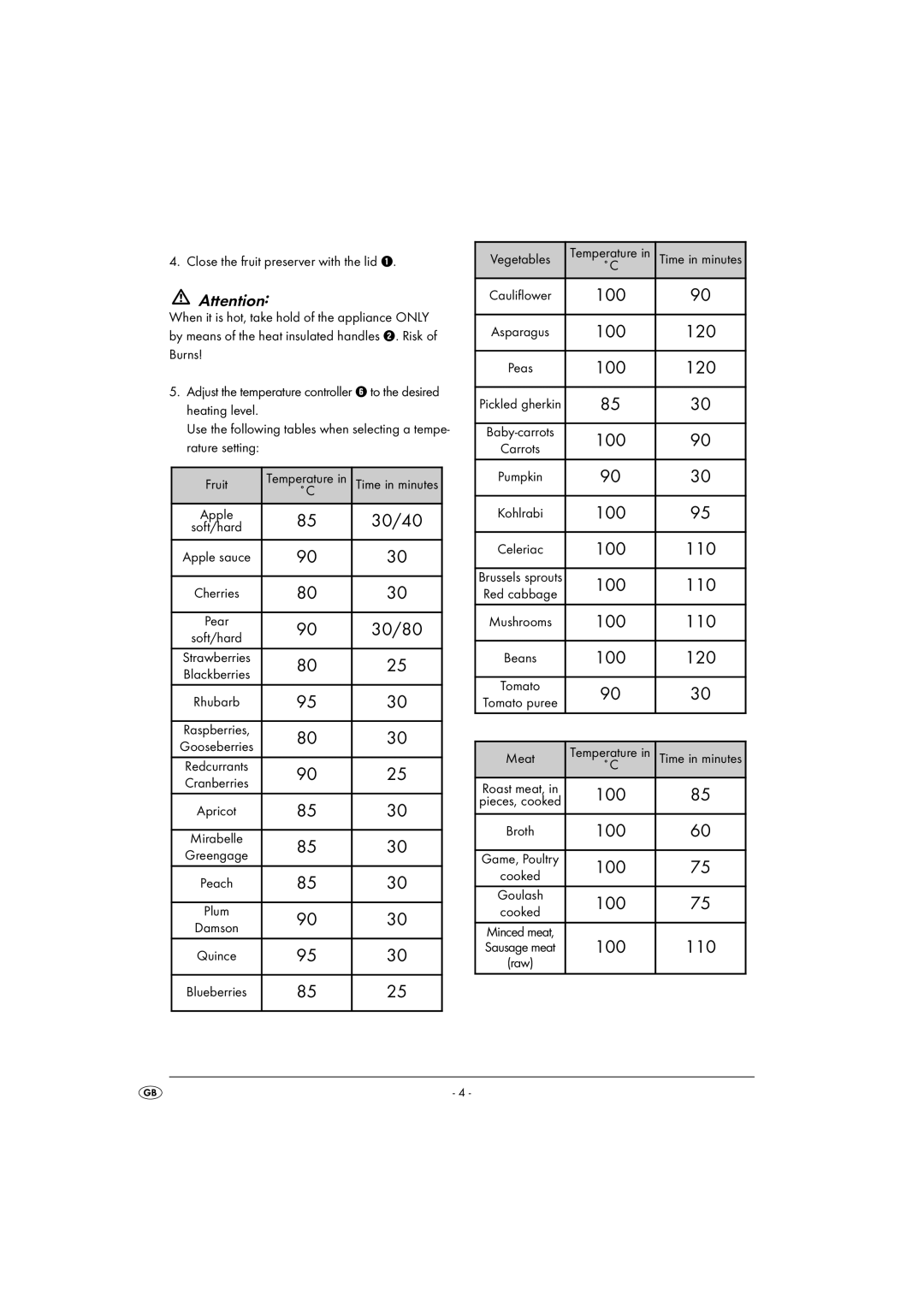 Kompernass KH1135-01/08-V2 operating instructions 30/80, Vegetables 