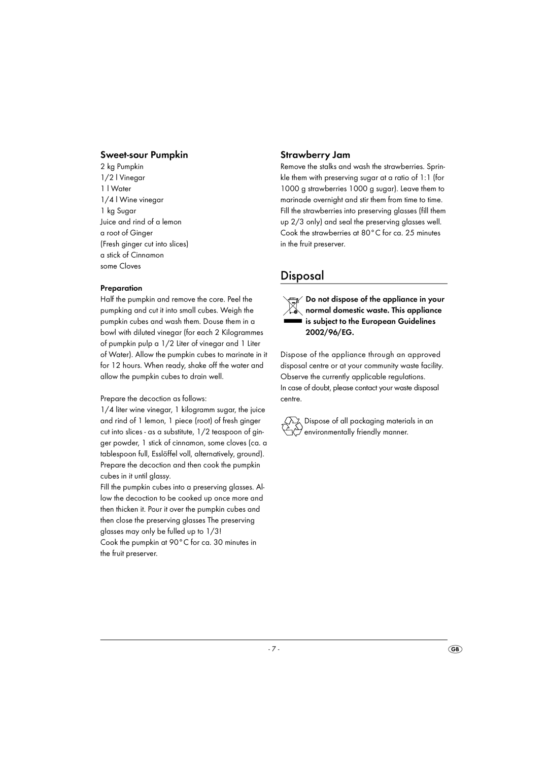 Kompernass KH1135-01/08-V2 operating instructions Disposal, Sweet-sour Pumpkin, Strawberry Jam 