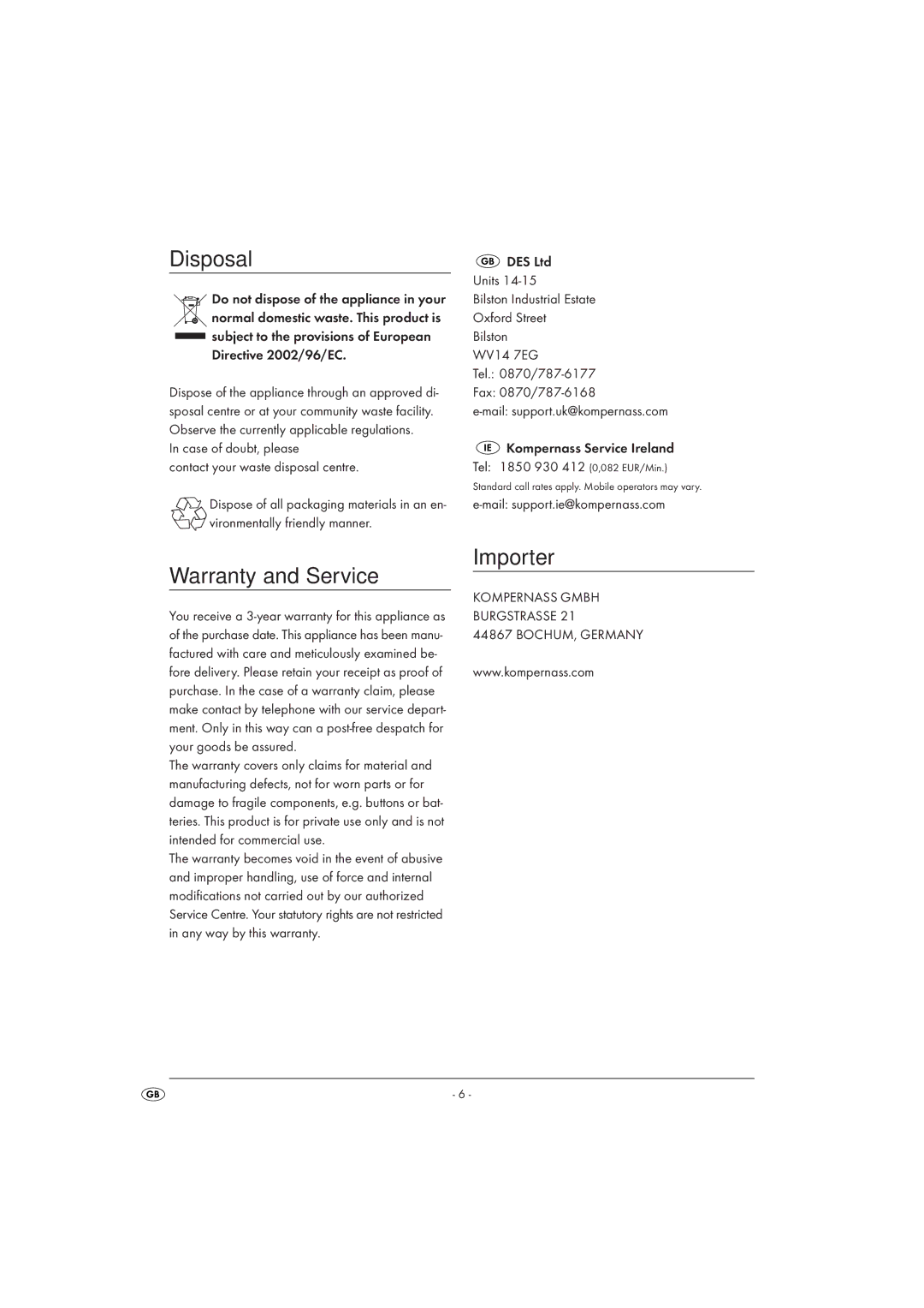 Kompernass KH1137 manual Disposal, Warranty and Service Importer 