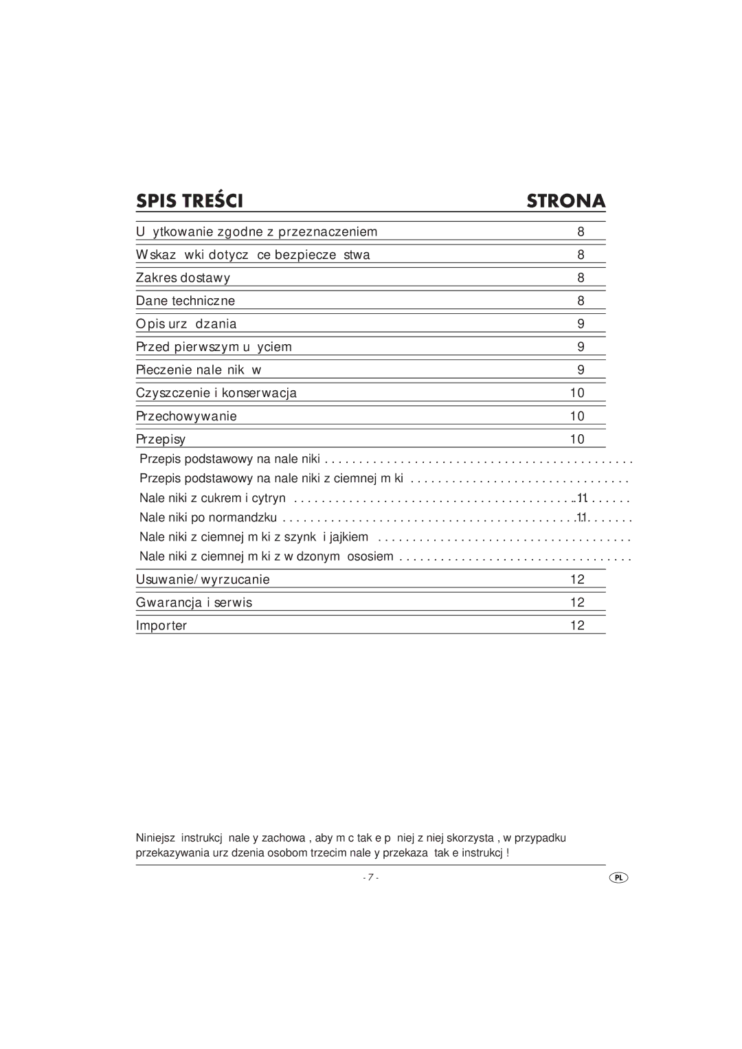 Kompernass KH1137 manual Spis Treści Strona, Usuwanie/wyrzucanie Gwarancja i serwis Importer 