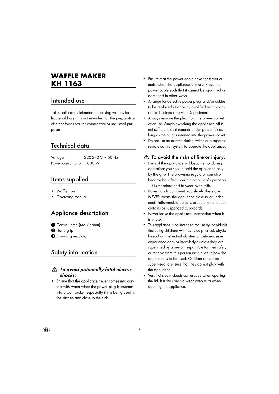 Kompernass KH1163 operating instructions Waffle Maker 