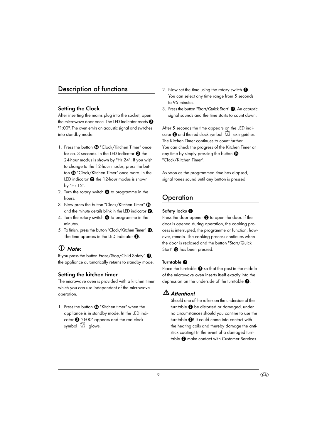 Kompernass KH1167 manual Description of functions, Operation, Setting the Clock, Setting the kitchen timer 