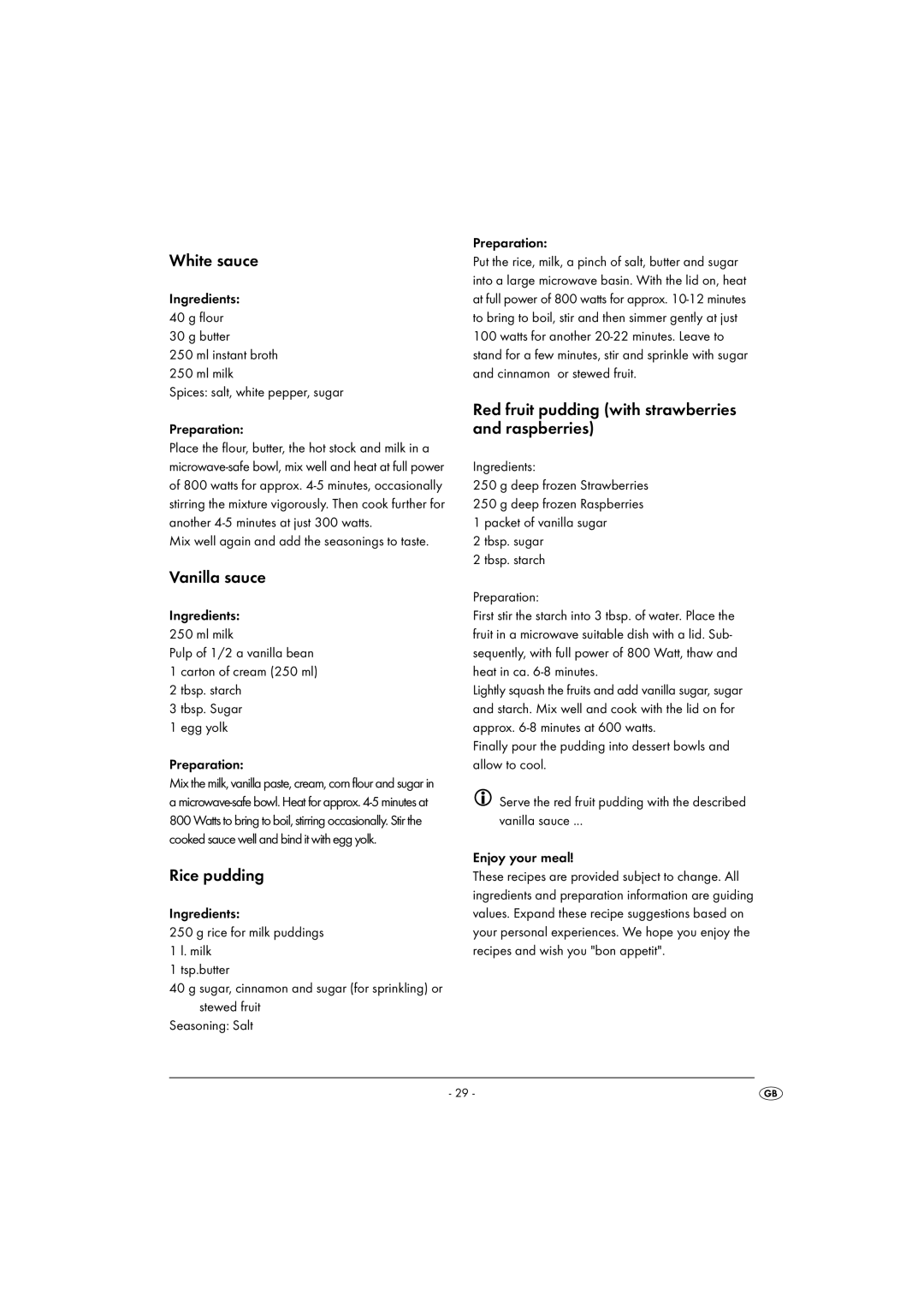 Kompernass KH1167 manual White sauce, Vanilla sauce, Rice pudding, Red fruit pudding with strawberries and raspberries 