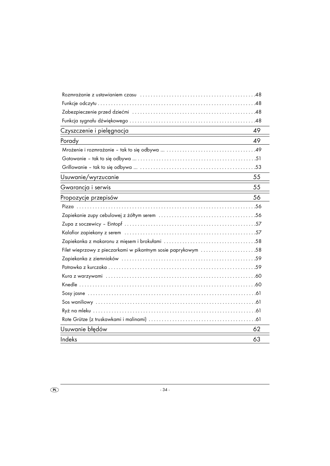 Kompernass KH1167 manual Czyszczenie i pielęgnacja Porady, Usuwanie/wyrzucanie Gwarancja i serwis Propozycje przepisów 