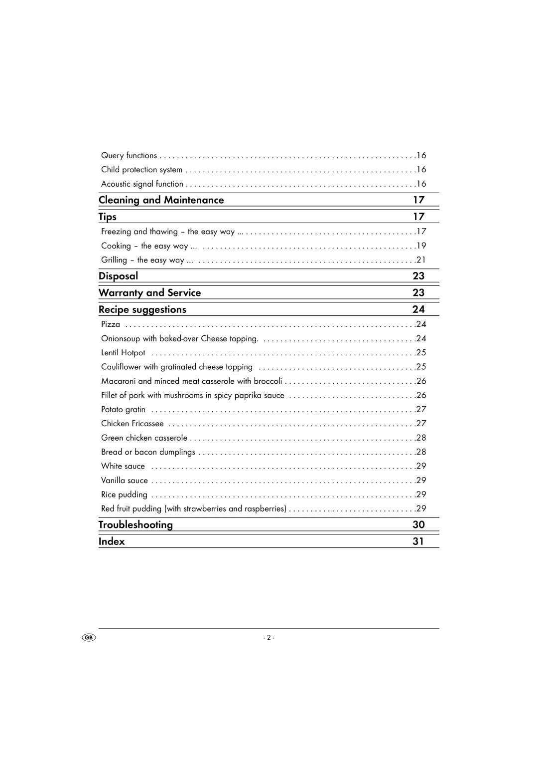 Kompernass KH1167 Cleaning and Maintenance Tips, Disposal Warranty and Service Recipe suggestions, Troubleshooting Index 