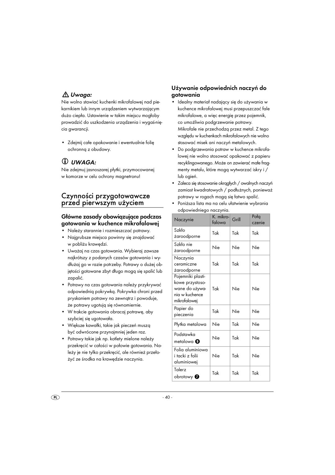 Kompernass KH1167 manual Używanie odpowiednich naczyń do gotowania, Tak Nie Nia w kuchence Mikrofalowej Papier do Pieczenia 