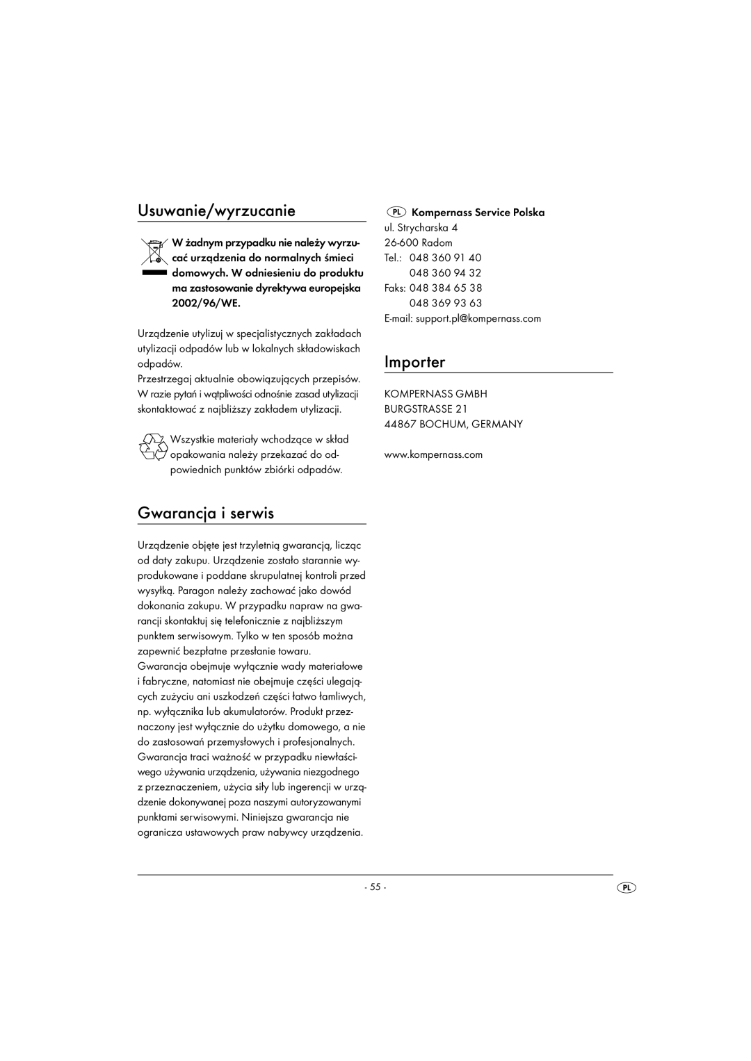 Kompernass KH1167 manual Usuwanie/wyrzucanie, Gwarancja i serwis 