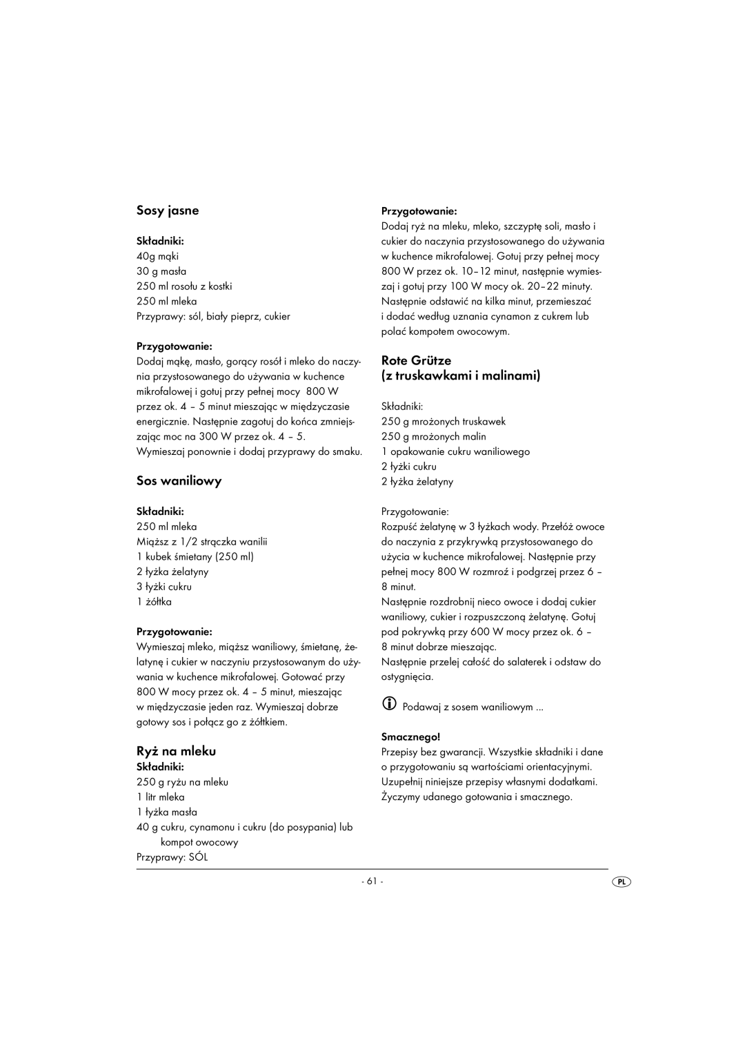 Kompernass KH1167 manual Sosy jasne, Sos waniliowy, Ryż na mleku, Rote Grütze Truskawkami i malinami 