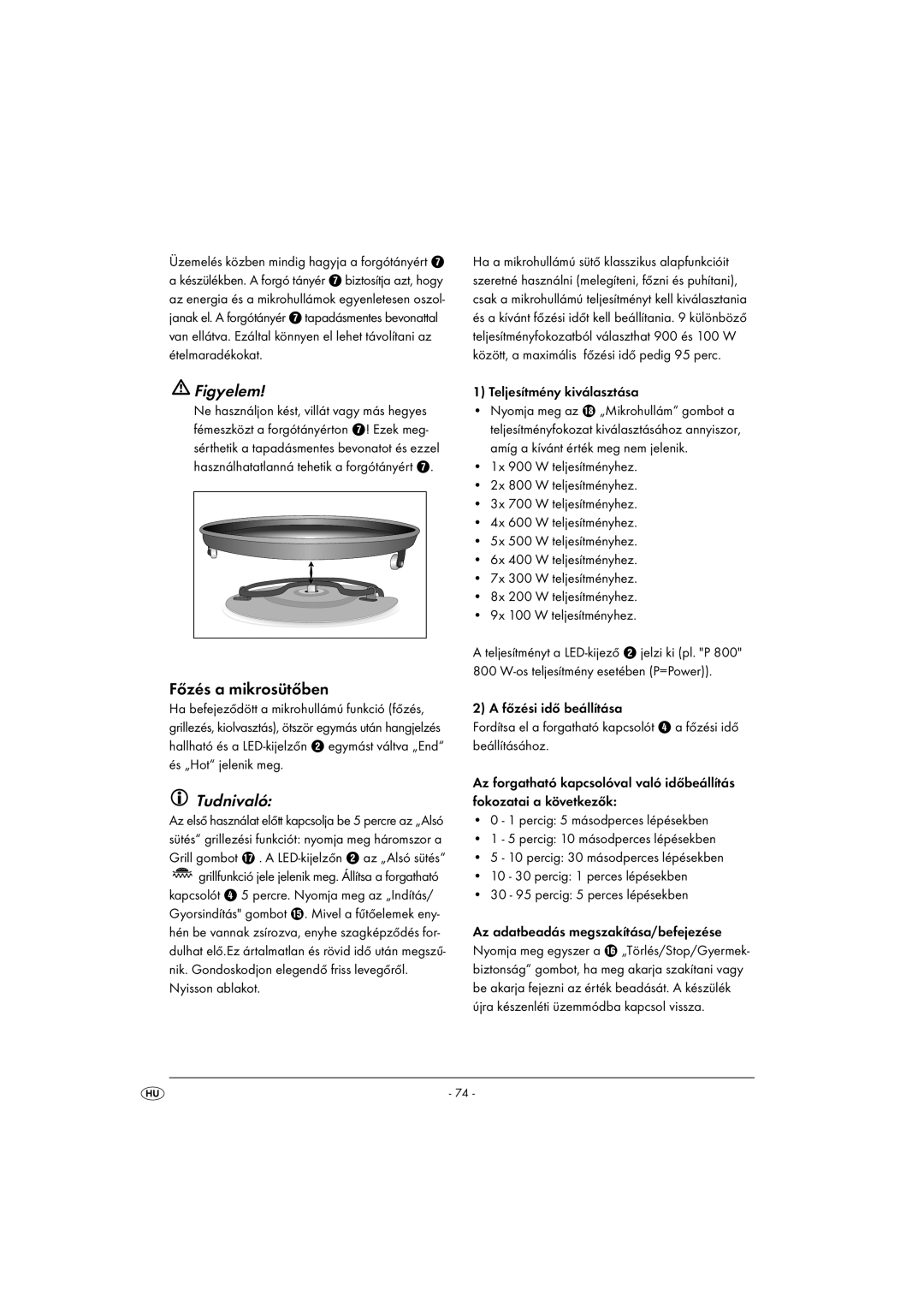 Kompernass KH1167 manual Főzés a mikrosütőben, Teljesítmény kiválasztása 