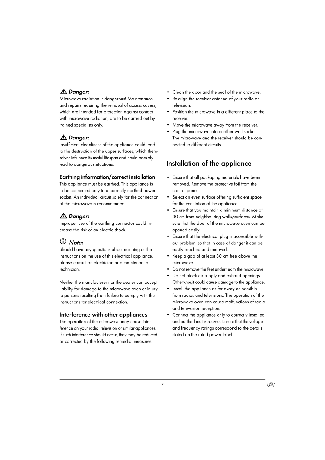 Kompernass KH1167 manual Installation of the appliance, Earthing information/correct installation 