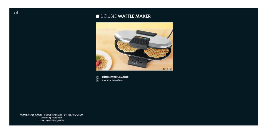 Kompernass KH1181 manual Double Waffle Maker, DOUBLE WAFFLE MAKER Operating instructions 