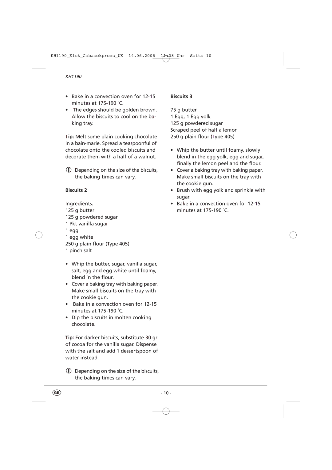 Kompernass KH1190 manual Biscuits 