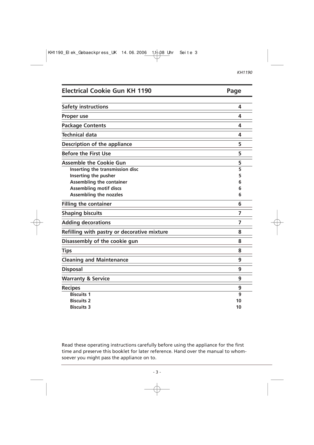 Kompernass KH1190 manual Electrical Cookie Gun KH, Biscuits 