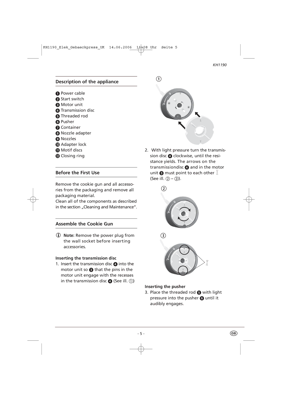 Kompernass KH1190 manual Inserting the transmission disc 