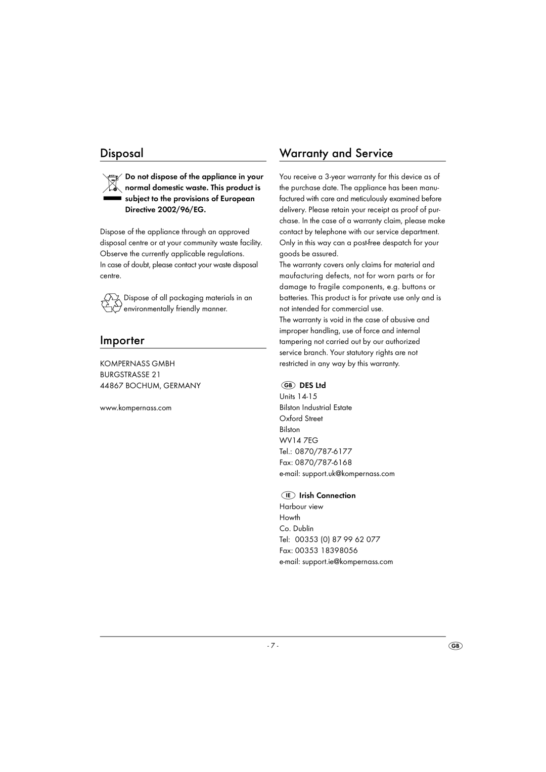 Kompernass KH1220 manual Disposal, Importer, Warranty and Service, Case of doubt, please contact your waste disposal centre 