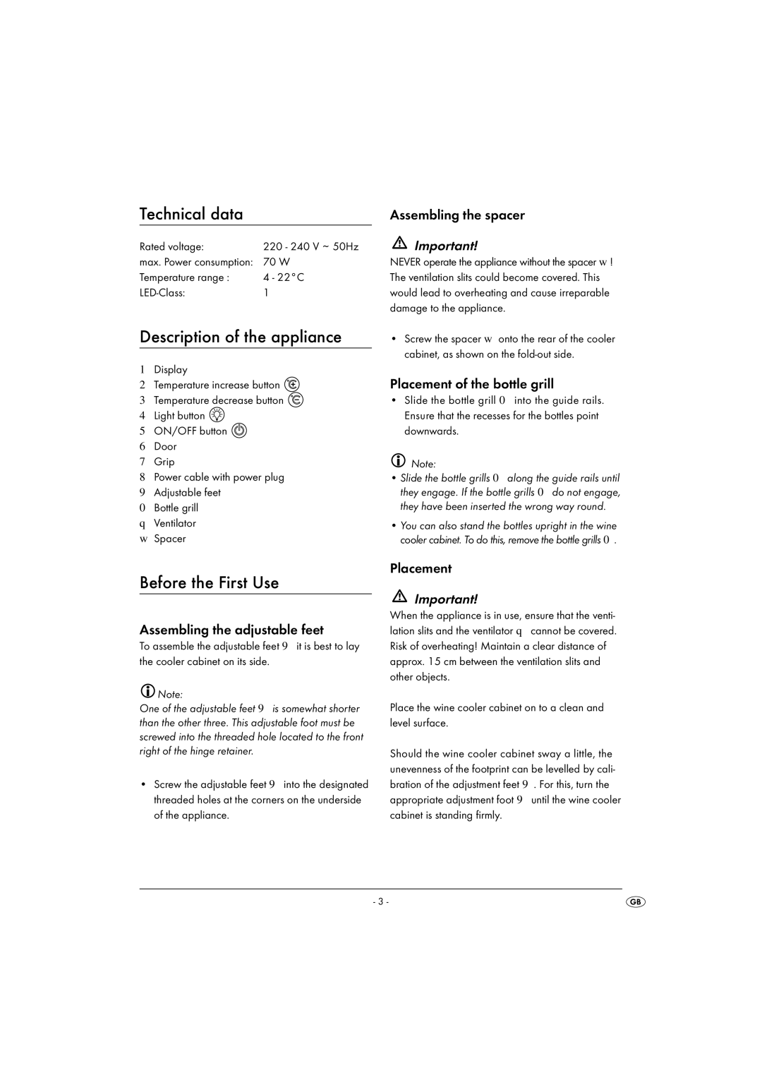 Kompernass KH1220 manual Technical data, Description of the appliance, Before the First Use 