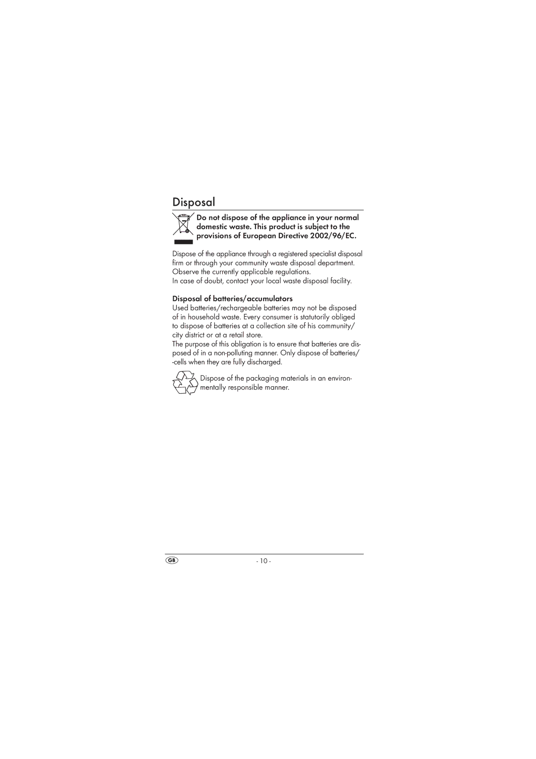 Kompernass KH123 operating instructions Disposal of batteries/accumulators 