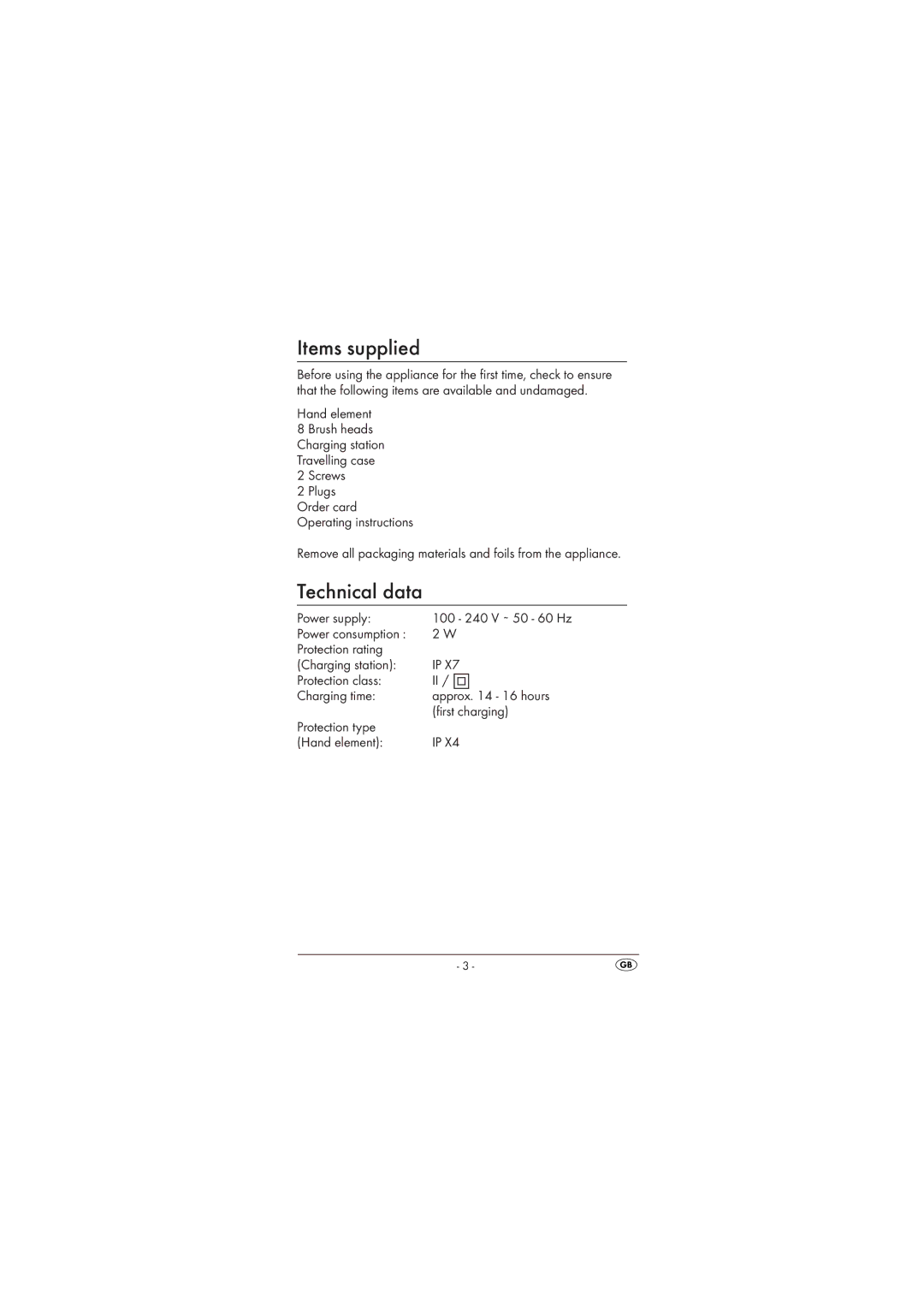 Kompernass KH123 Items supplied, Technical data, Hand element, Screws Plugs Order card Operating instructions 