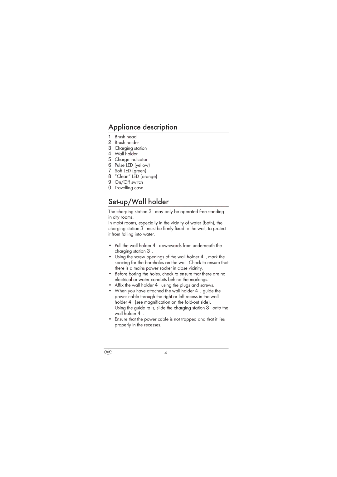 Kompernass KH123 Appliance description, Set-up/Wall holder, Aﬃx the wall holder 4 using the plugs and screws 