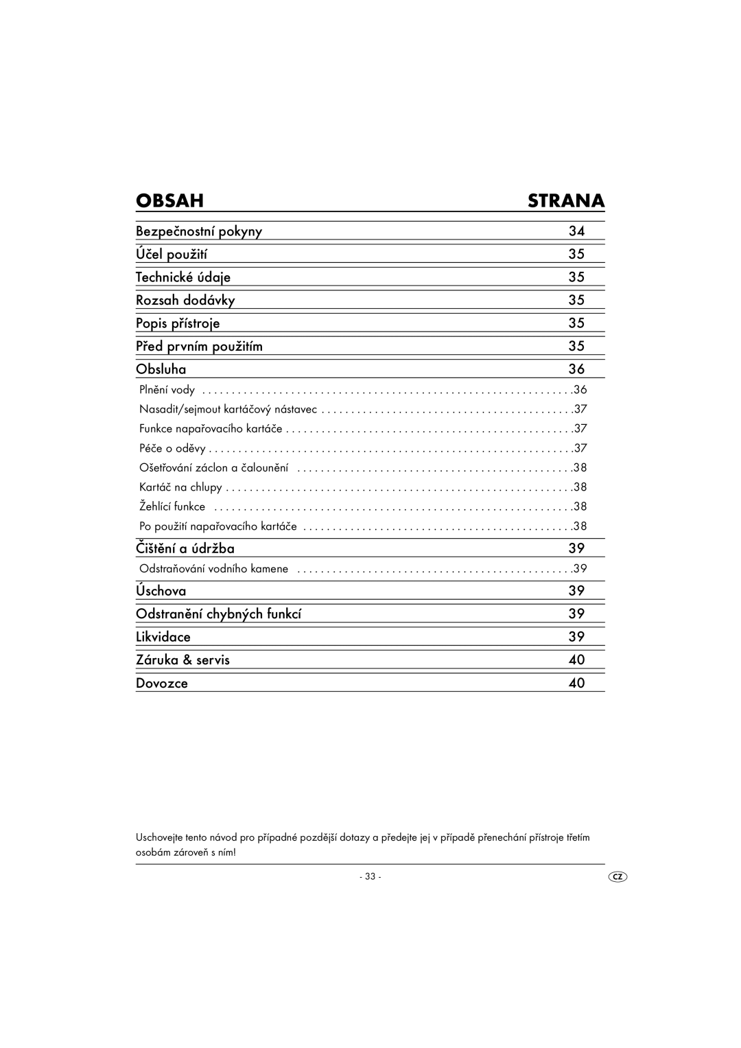 Kompernass KH1270-06/08-V6 operating instructions Obsah Strana, Odstraňování vodního kamene 