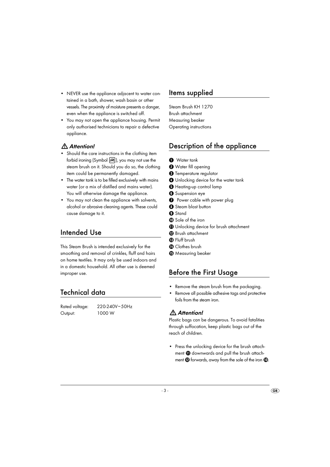 Kompernass KH1270-06/08-V6 Items supplied, Intended Use, Technical data, Description of the appliance 