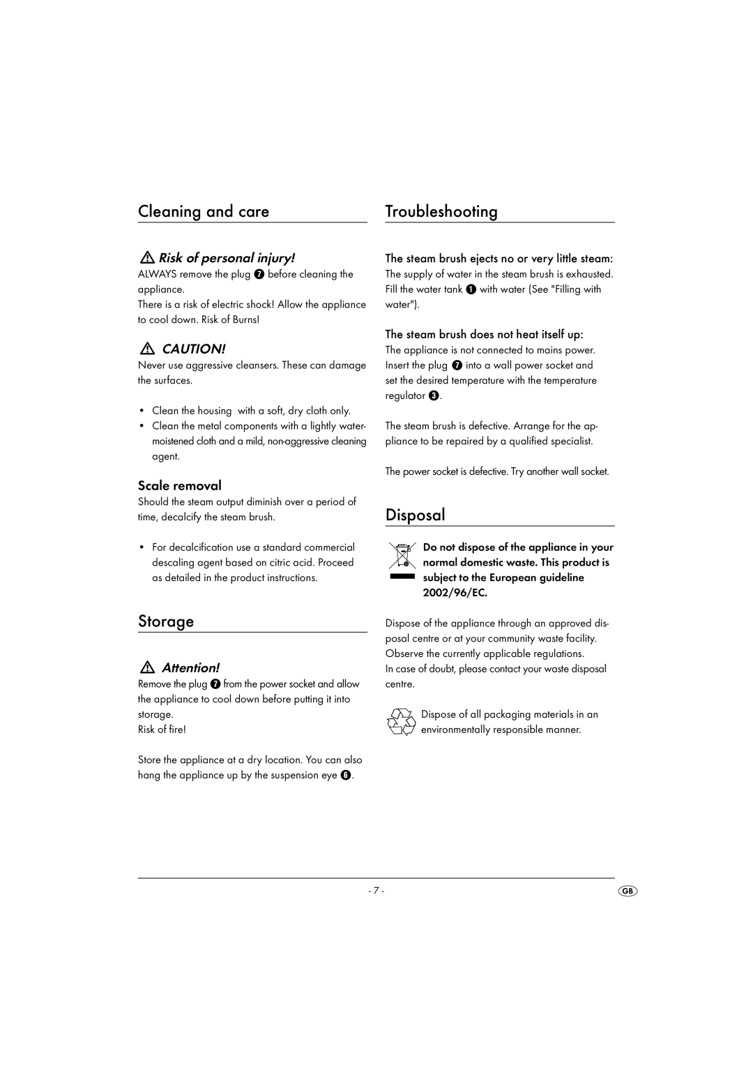 Kompernass KH1270-06/08-V6 operating instructions Cleaning and care, Storage, Troubleshooting, Disposal, Scale removal 