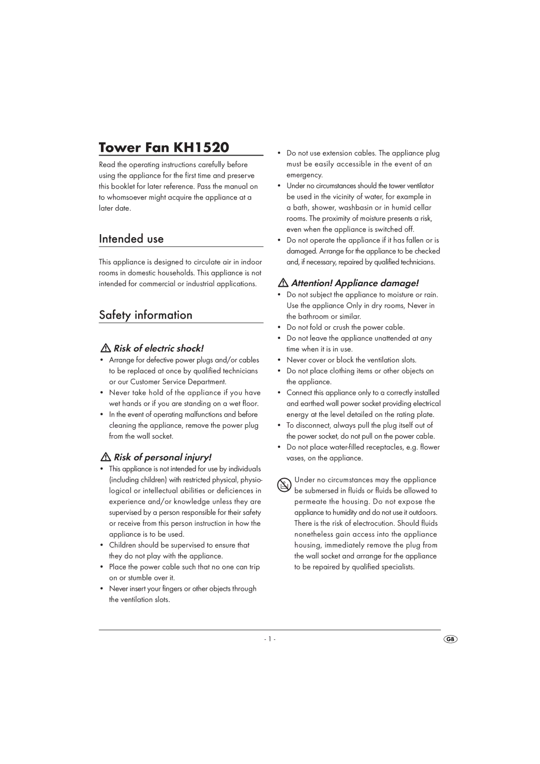 Kompernass KH1520 manual Intended use, Safety information 