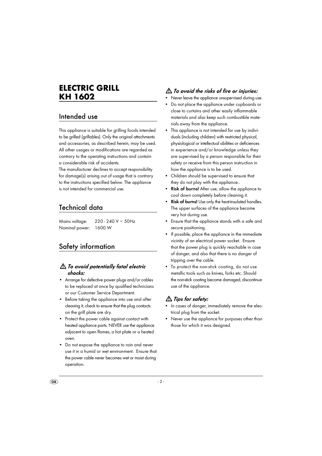 Kompernass KH1602-10/08-V1 operating instructions Intended use, Technical data, Safety information 