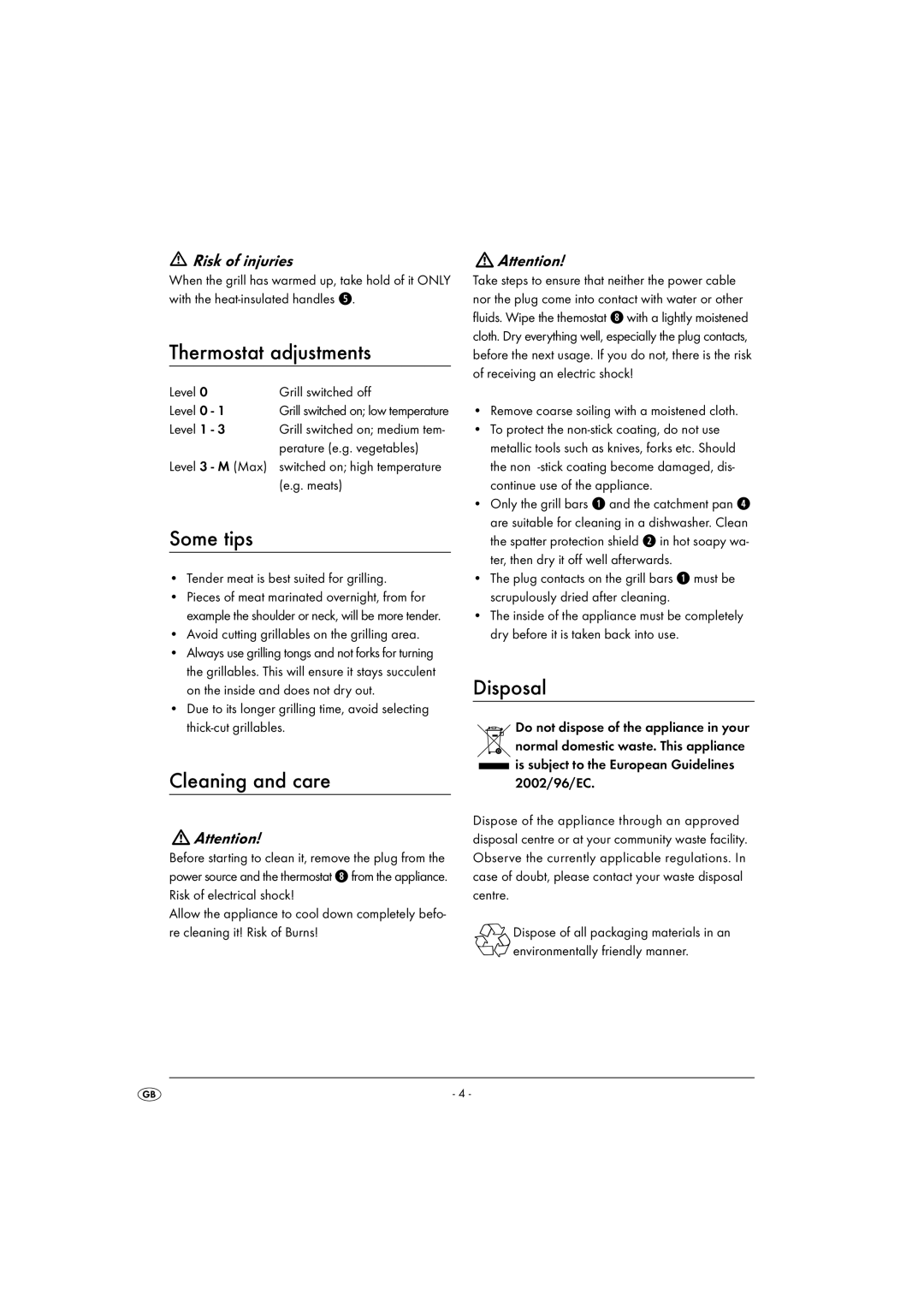 Kompernass KH1602-10/08-V1 Thermostat adjustments, Some tips, Cleaning and care, Disposal, Risk of injuries 