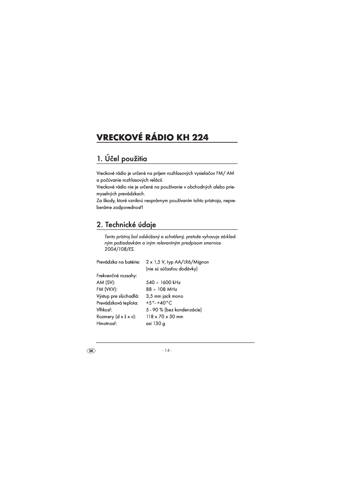 Kompernass KH224-1/08-V2 manual Vreckové Rádio Kh, 1. Účel použitia, Technické údaje 