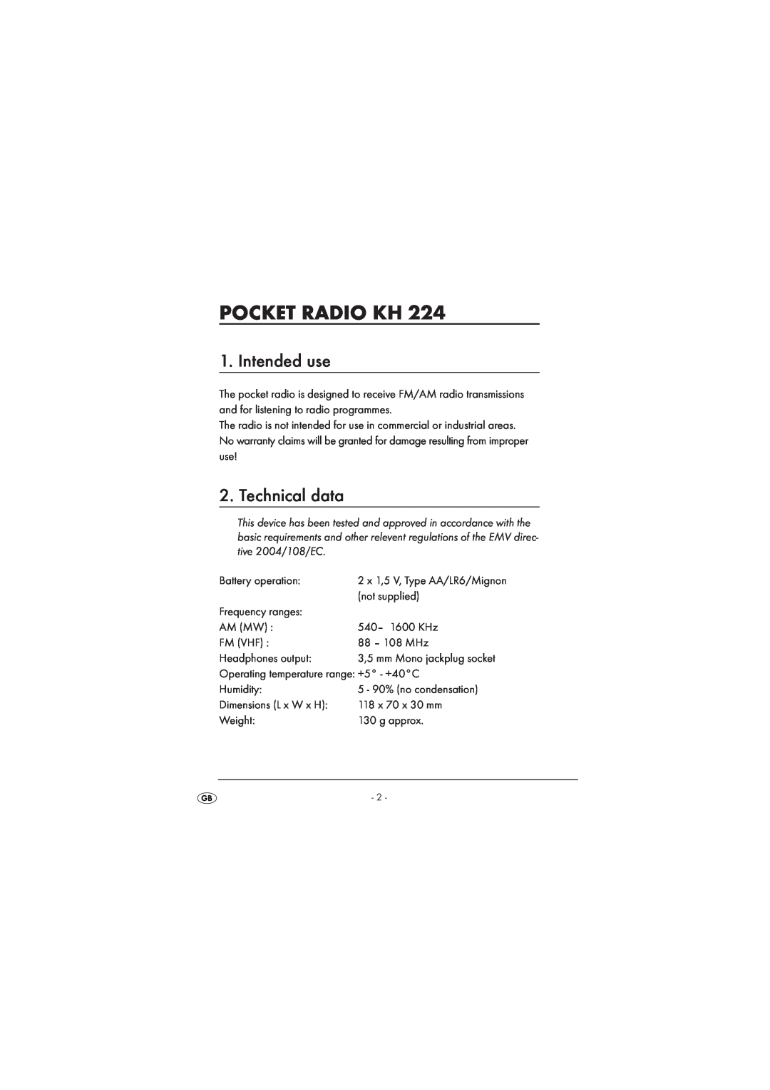 Kompernass KH224-1/08-V2 manual Pocket Radio Kh, Intended use, Technical data 