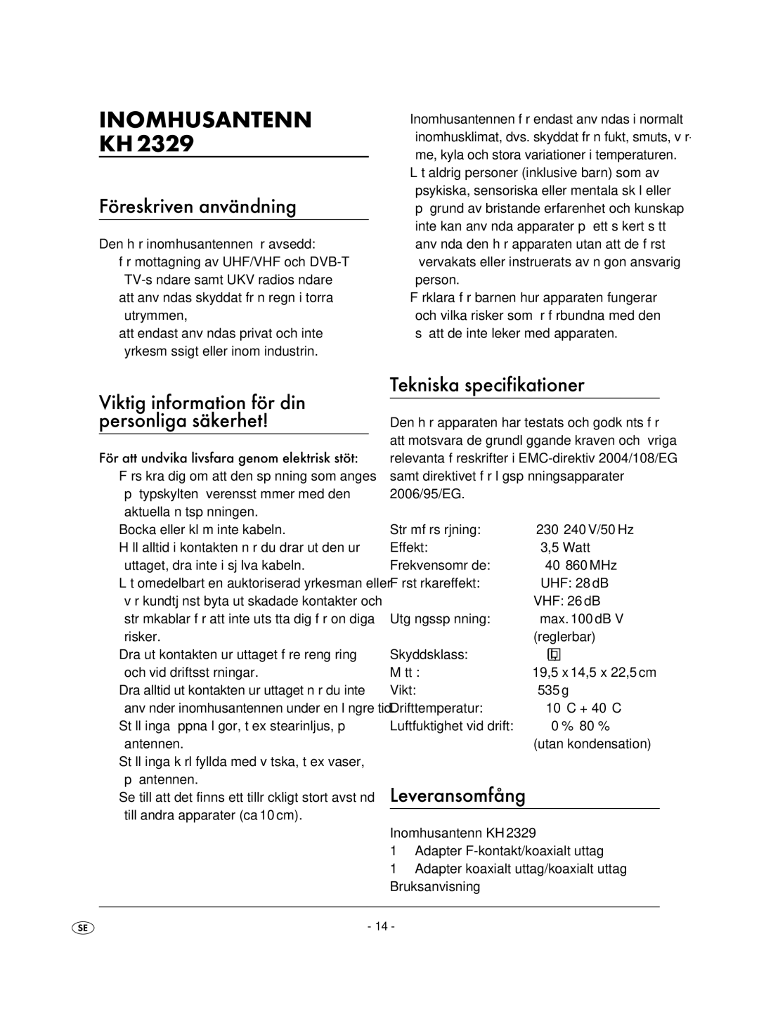 Kompernass KH2329-11/07-V2 Inomhusantenn KH, Föreskriven användning, Tekniska specifikationer, Leveransomfång 