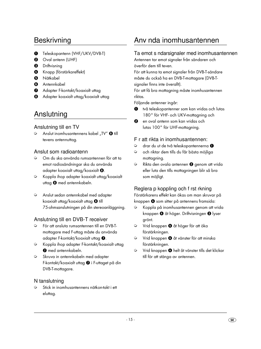 Kompernass KH2329-11/07-V2 operating instructions Beskrivning, Anslutning, Använda inomhusantennen 