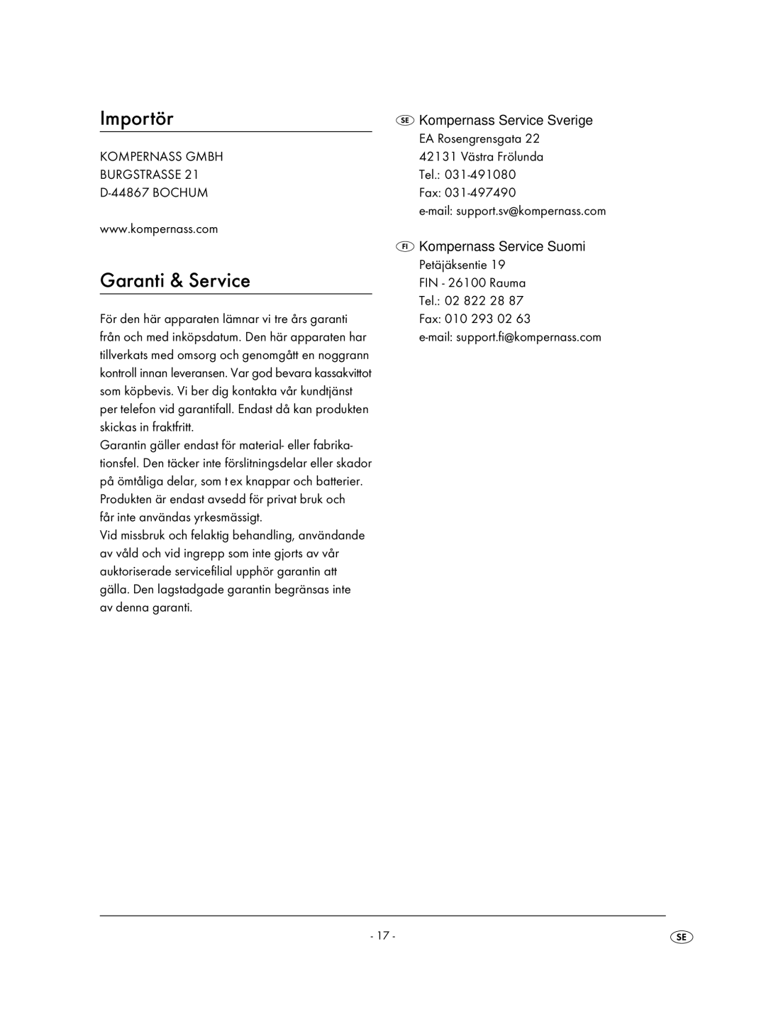 Kompernass KH2329-11/07-V2 operating instructions Importör, Garanti & Service 