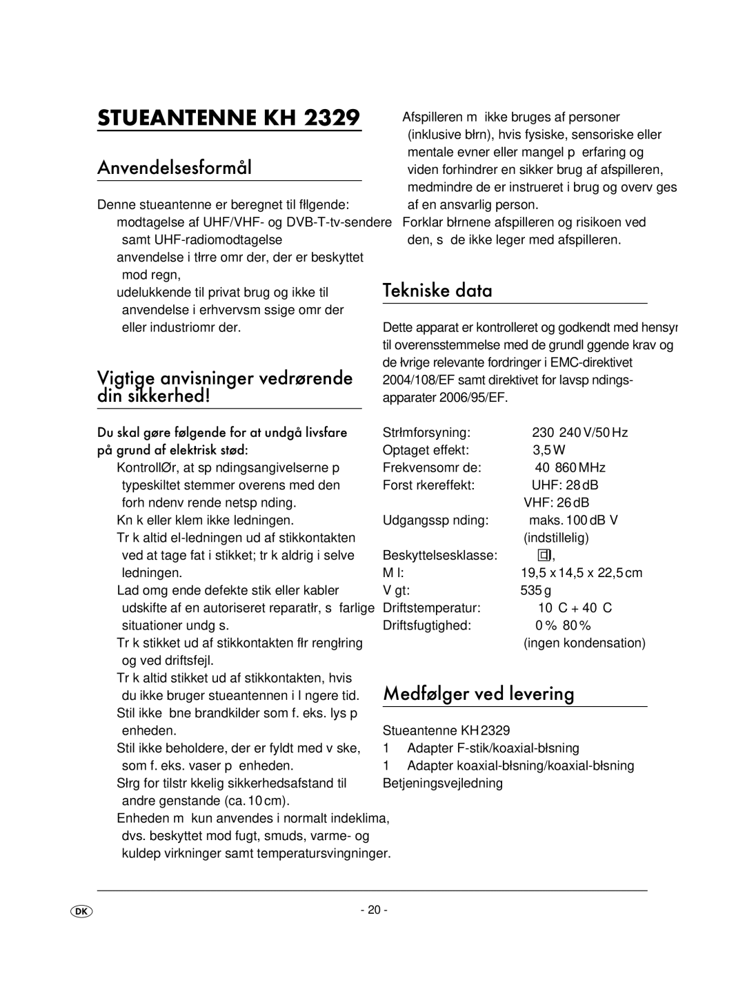 Kompernass KH2329-11/07-V2 Stueantenne KH, Anvendelsesformål, Vigtige anvisninger vedrørende din sikkerhed, Tekniske data 