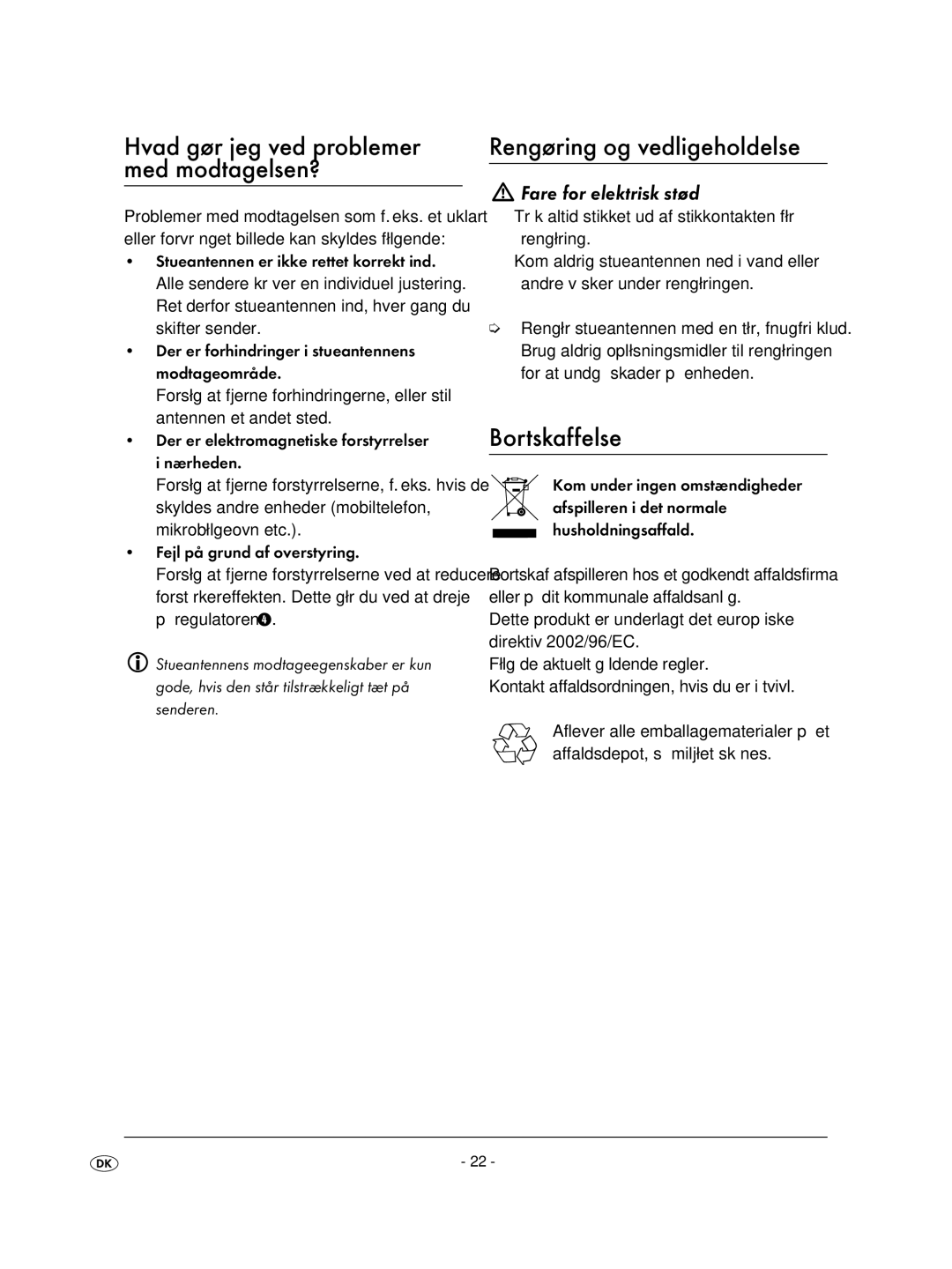 Kompernass KH2329-11/07-V2 Rengøring og vedligeholdelse, Bortskaffelse, Hvad gør jeg ved problemer med modtagelsen? 