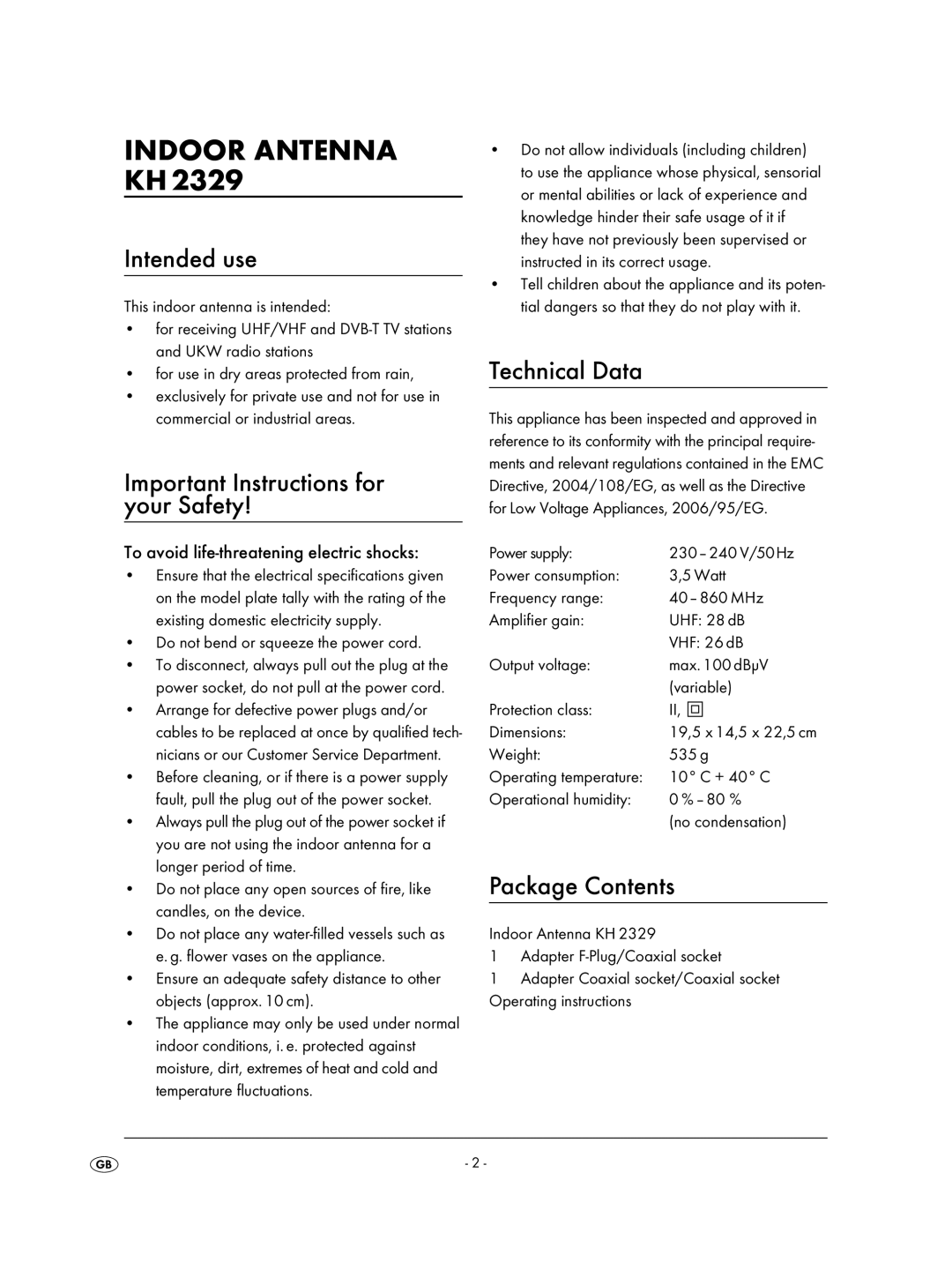 Kompernass KH2329-11/07-V2 Indoor Antenna KH, Intended use, Important Instructions for your Safety, Technical Data 