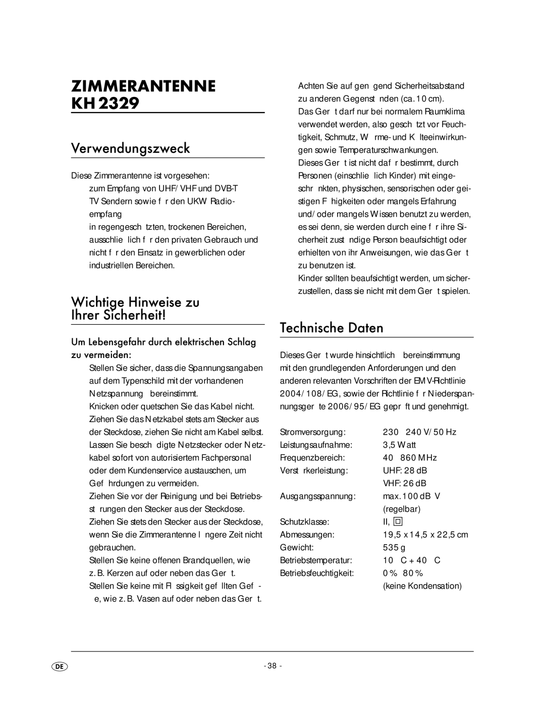 Kompernass KH2329-11/07-V2 Zimmerantenne, Verwendungszweck, Wichtige Hinweise zu Ihrer Sicherheit, Technische Daten 