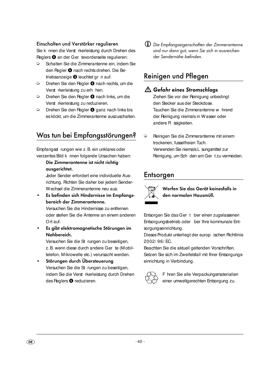 Kompernass KH2329-11/07-V2 Reinigen und Pflegen, Entsorgen, Was tun bei Empfangsstörungen?, Gefahr eines Stromschlags 