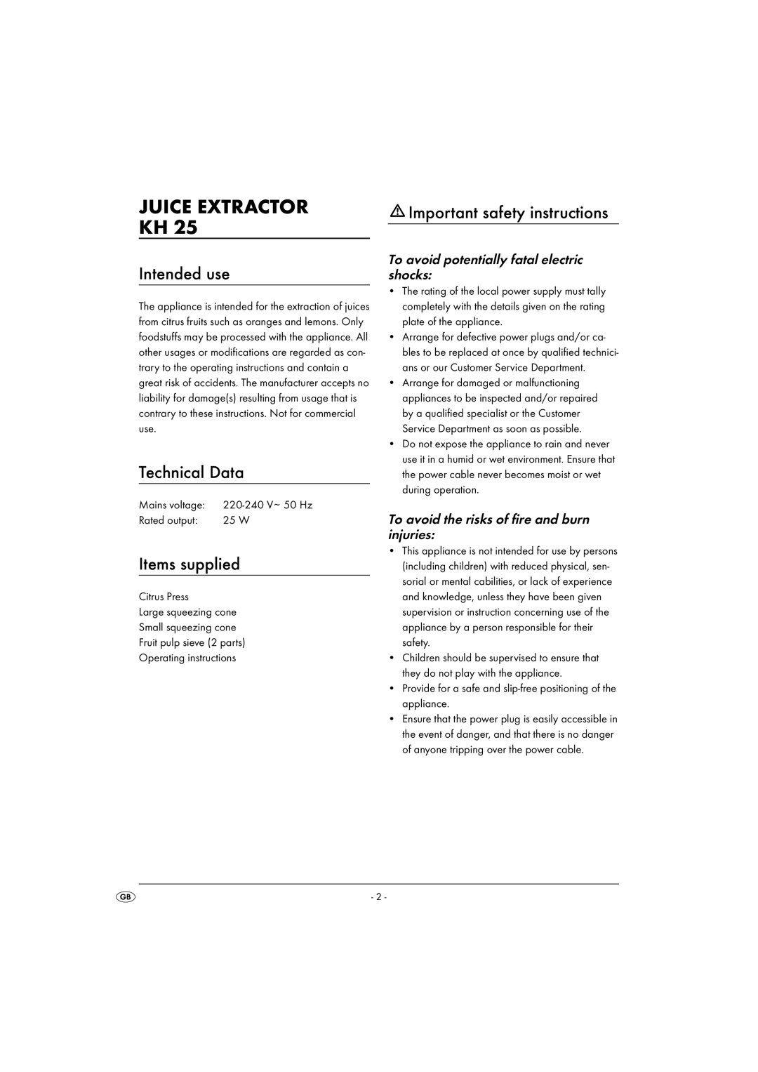 Kompernass KH25-07/08-V1 Juice Extractor, Intended use, Technical Data, Items supplied, Important safety instructions 