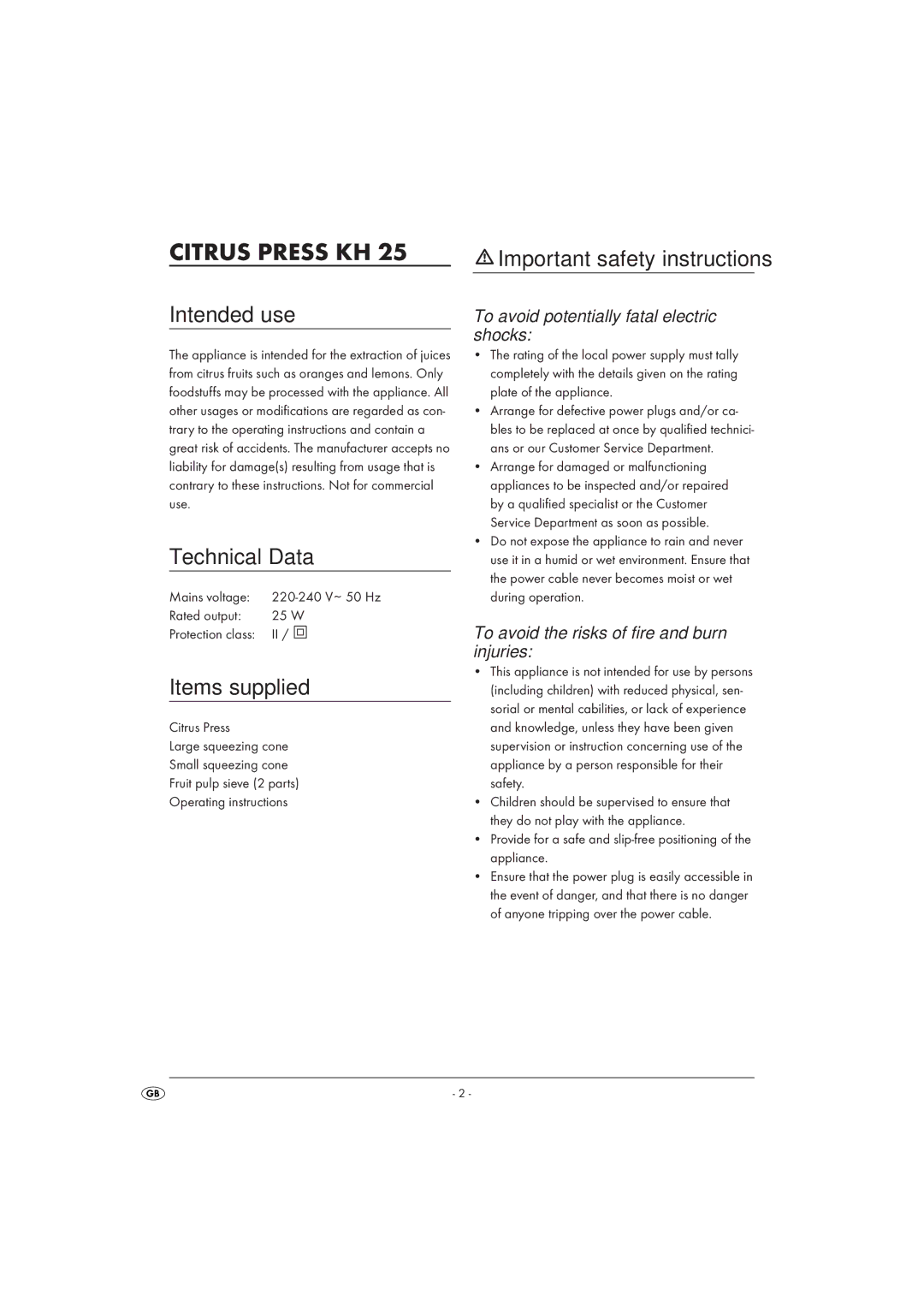 Kompernass KH25-08/09-V3 Citrus Press KH, Intended use, Technical Data, Items supplied, Important safety instructions 