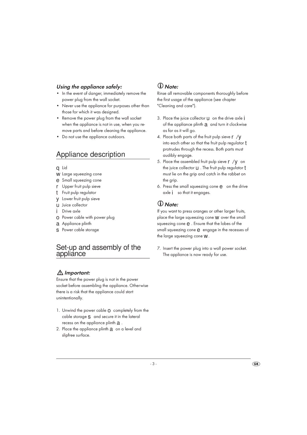 Kompernass KH25-08/09-V3 Appliance description, Set-up and assembly of the appliance, Using the appliance safely, Lid 