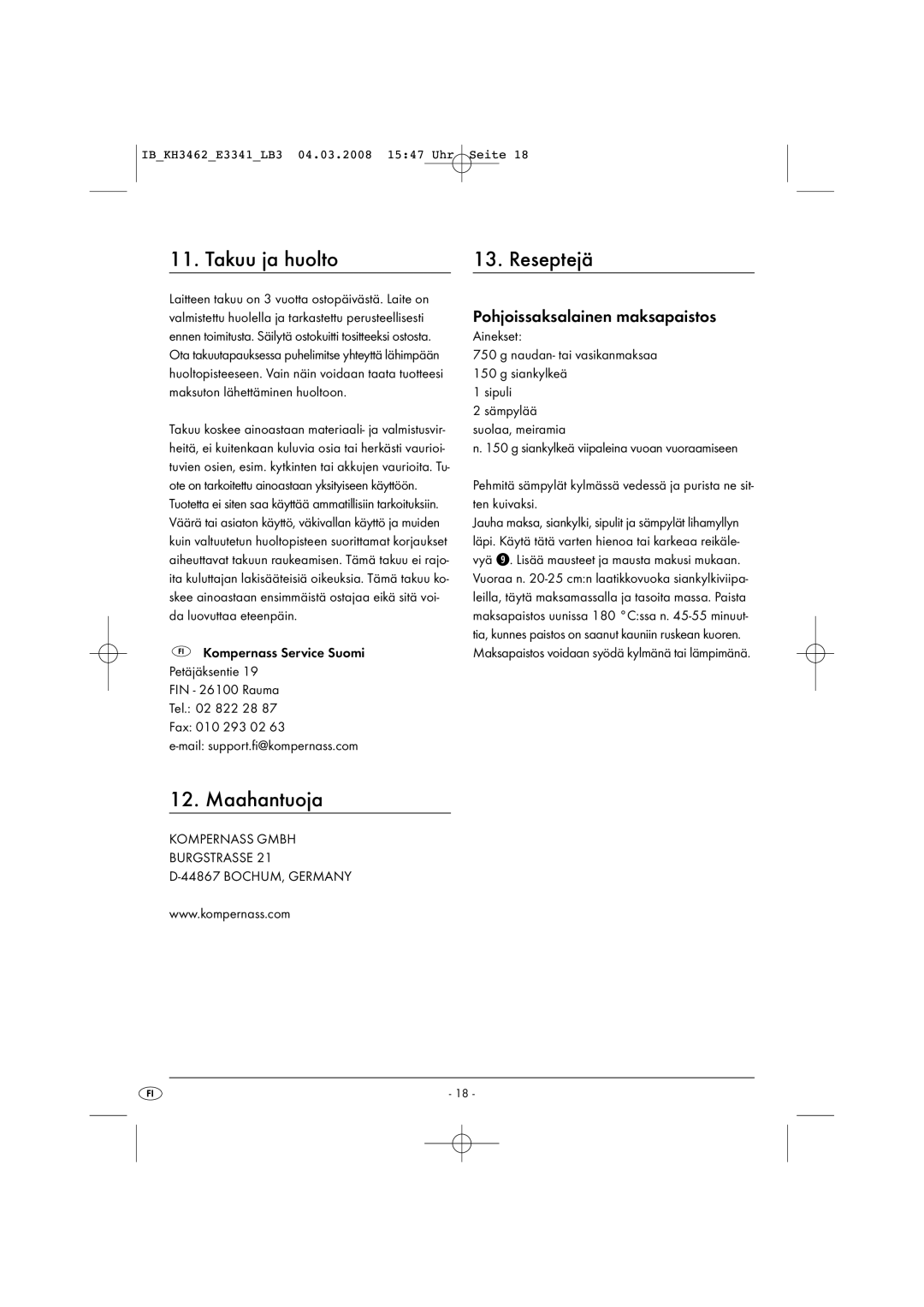 Kompernass KH3462-02/08-V1 manual Takuu ja huolto Reseptejä, Maahantuoja, Pohjoissaksalainen maksapaistos 