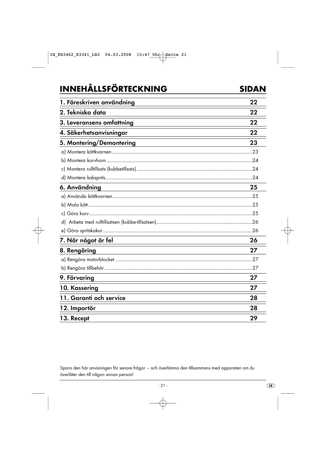 Kompernass KH3462-02/08-V1 manual Innehållsförteckning Sidan, Användning 