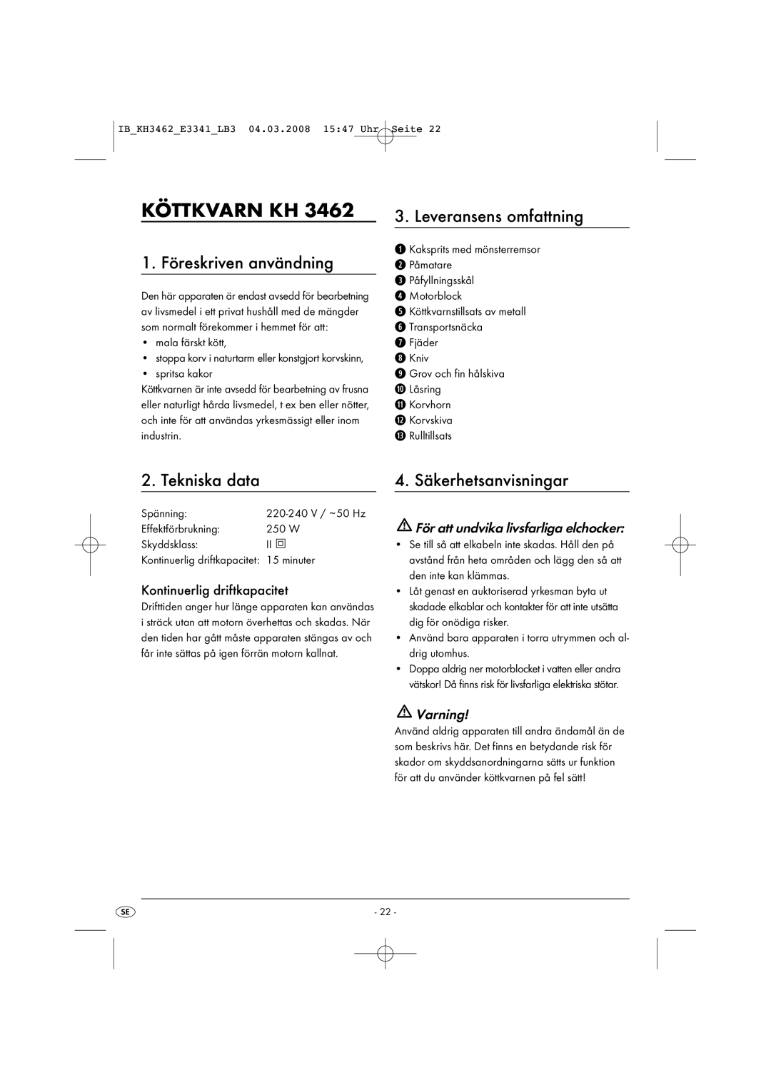 Kompernass KH3462-02/08-V1 manual Köttkvarn KH, Föreskriven användning, Leveransens omfattning 