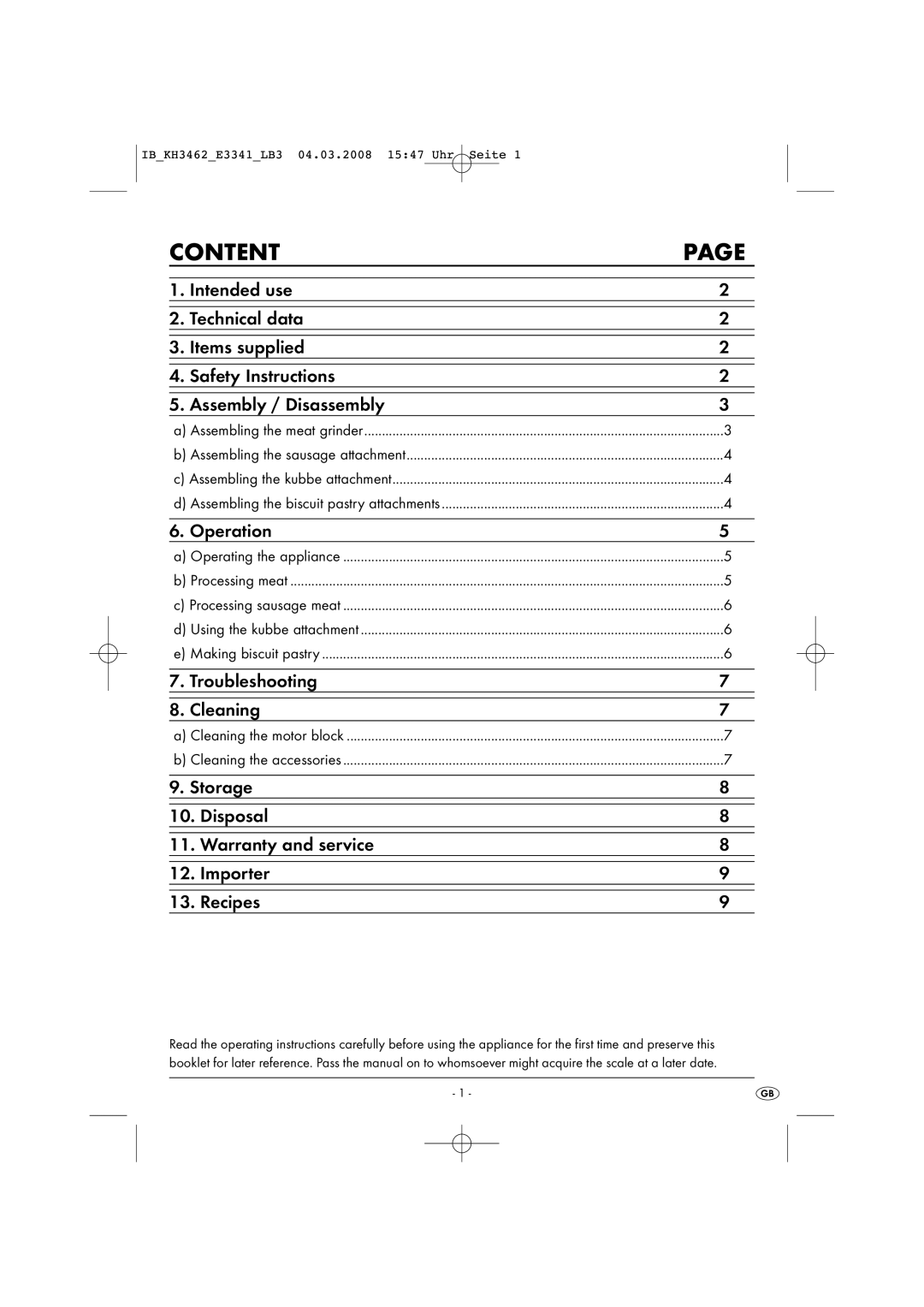 Kompernass KH3462-02/08-V1 manual Content, Operation 